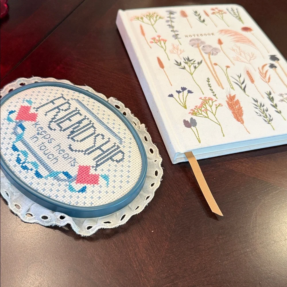 Floral Embroidered White Journal Notebook/ Cross Stitch Friendship decor Bundle